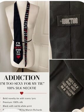 Addiction Black Silk Necktie with Red & White Text Heart